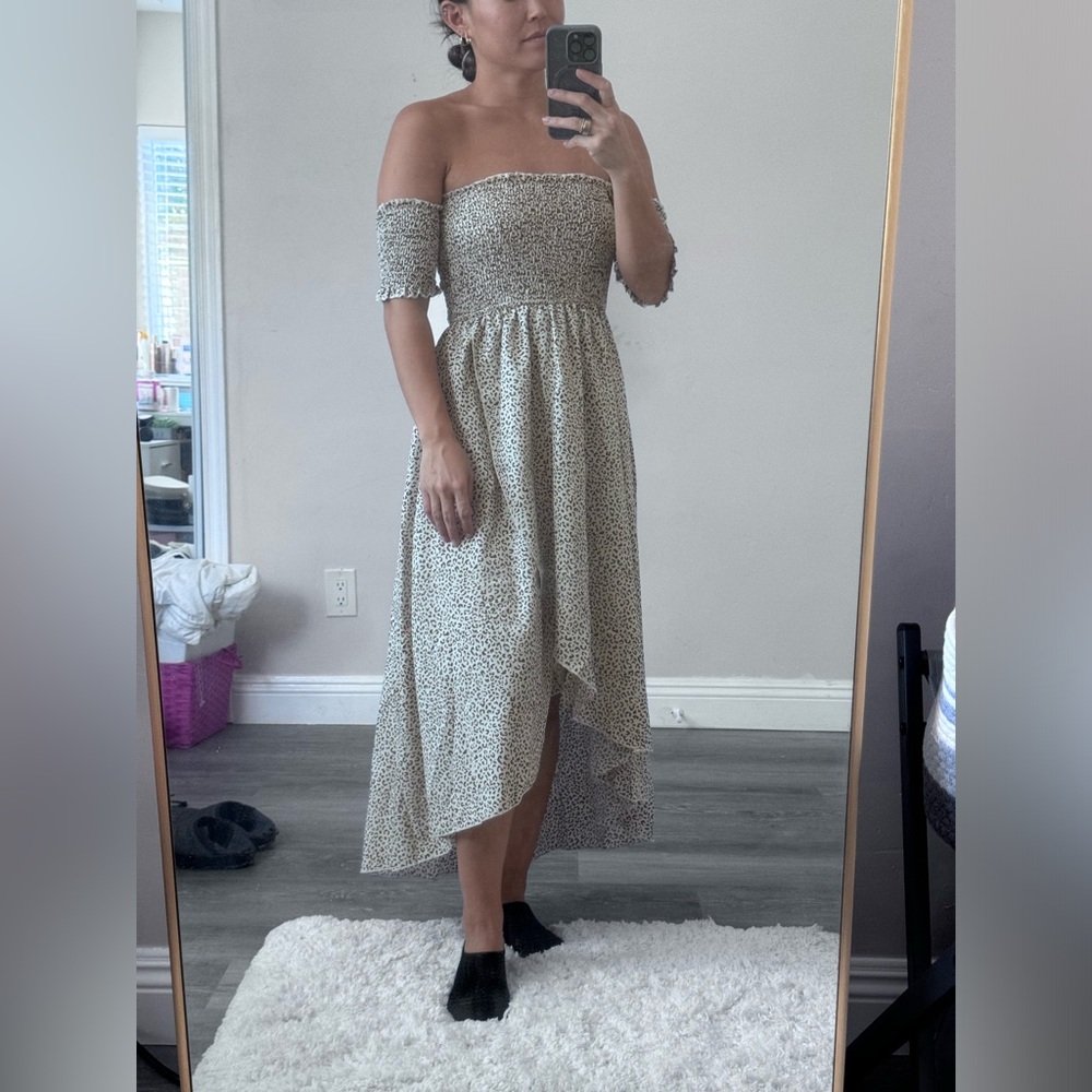 Off the Shoulder Leopard Print Full Trim Shirred Wrap Hem Dress